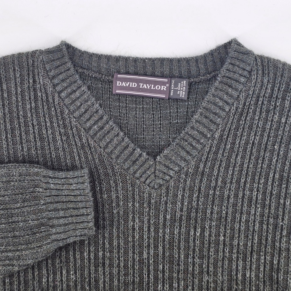 David Taylor V-Neck Sweater Mens Large Green Striped Ribbed Knit Long Sleeve